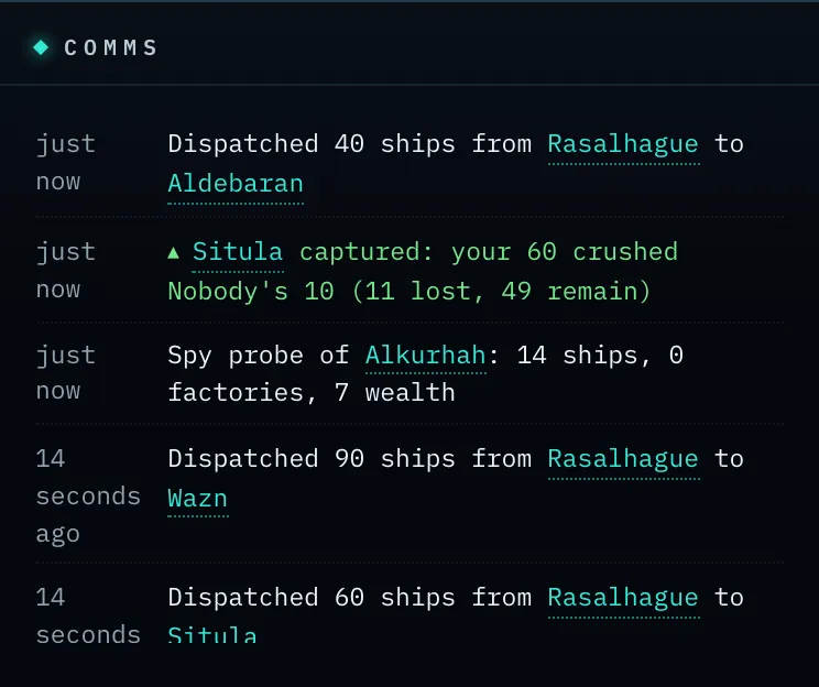 A battle report in the Comms feed.