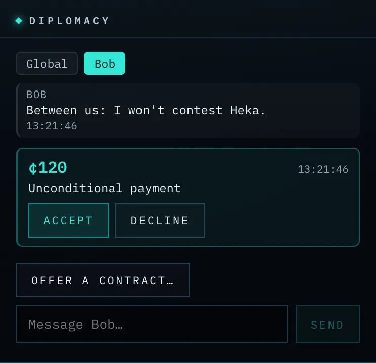 A private thread with a pending contract card — the amount, its condition, and the Accept / Decline buttons.